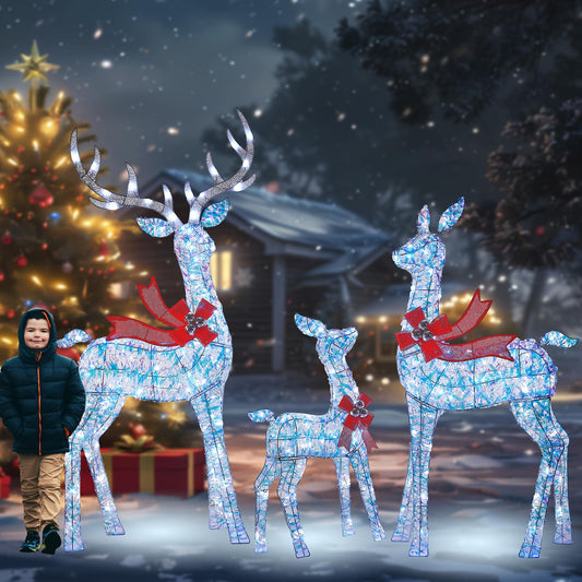 58 Inch 3D Colorful Large Lighted Christmas Deer Decorations 3-Piece Outdoor Holiday Decorations Reindeer Set with 210 Warm White LEDs, Large Yard Display for Garden, Storefront