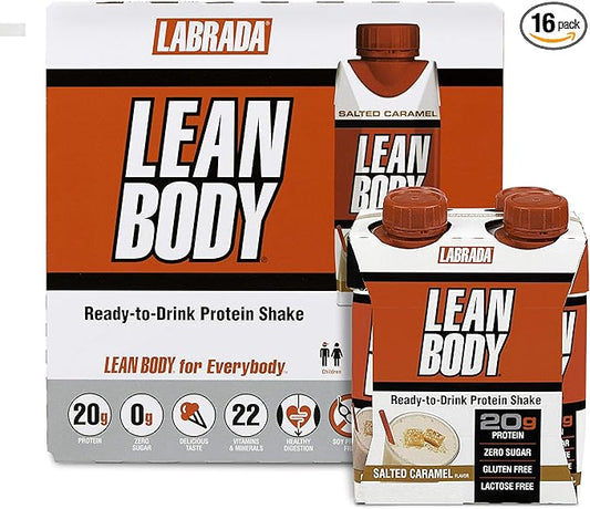 LABRADA NUTRITION - Lean Body RTD Whey Protein Shake, Convenient On-The-Go Meal Replacement Shake for Men & Women, 20 grams of Protein ??Zero Sugar, Lactose & Gluten Free, Salted Caramel (Pack of 16)