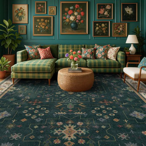 Hazo Haus Dark Green Oushak Area Rug - Modern Vintage Boho Floral Design, 10x14 Washable Non-Slip Extra Large Rug