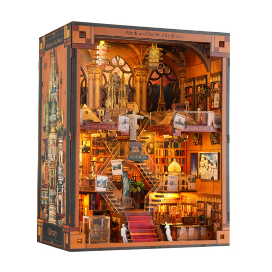 Book Nook Kit - DIY Miniature World Library Booknook - 3D Wooden Puzzle with LED Lights - Creative Bookshelf Insert & Educational Gift for Adults