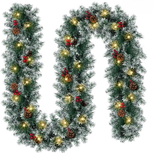 Christmas Garland with Lights - 9FT Pre-Lit Flocked Garland with 50 LED Bulbs, Red Berries, Pine Cones, Artificial Pine Battery Operated Garland for Fireplace, Staircase, Indoor & Outdoor Decoration