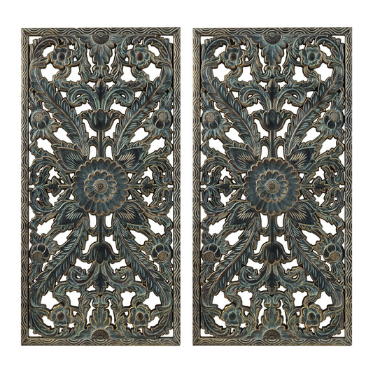 Madison Park Wall Art Living Room Décor - Floral Antiqued Wooden Carving Wall Decor Panel, Copper Embellished, Ready to Hang Wall Decor for Bedroom, 15.75"W x 31.5"L x 0.59"D, Patina Blue, 2 Piece
