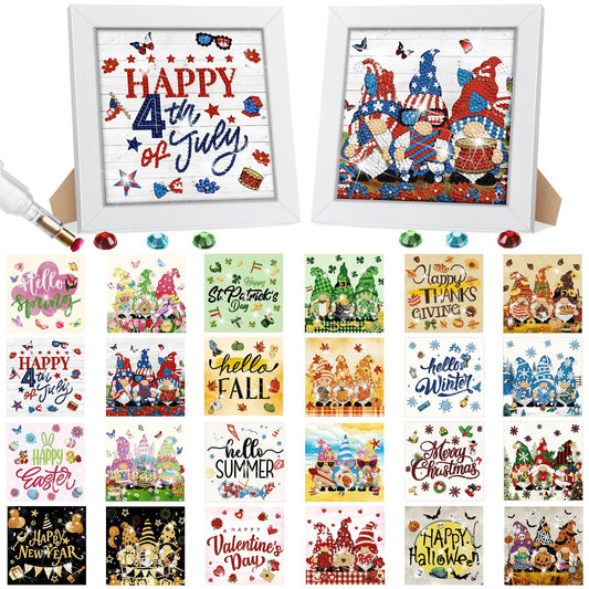 Trandraft 13 Pcs Gnome Seasonal Diamond Art Kits for Adults 250th Anniversary Favor Interchangeable 5d Small Diamond Art Kits Framed Gem Painting for Holiday Table Decor DIY Craft 4th of July Gift