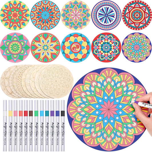 Vercraft 22 Pcs Wooden Mandala Painting Set 10 Mandala Unfinished Wood Cutouts with 12 Markers for Crafts Diwali Craft Wood Slices for Adults Painting DIY Tags Wedding Home Decors(Vintage Style)