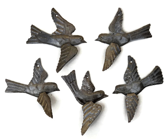 Bird Metal Wall Decor, Set of 5, 3D Wings, Small Hanging Birds, Ornaments, Bird Lovers Collection, Indoor Outdoor Hanging Figurines, Fall Decor Handmade in Haiti 5 x 4.5 inches
