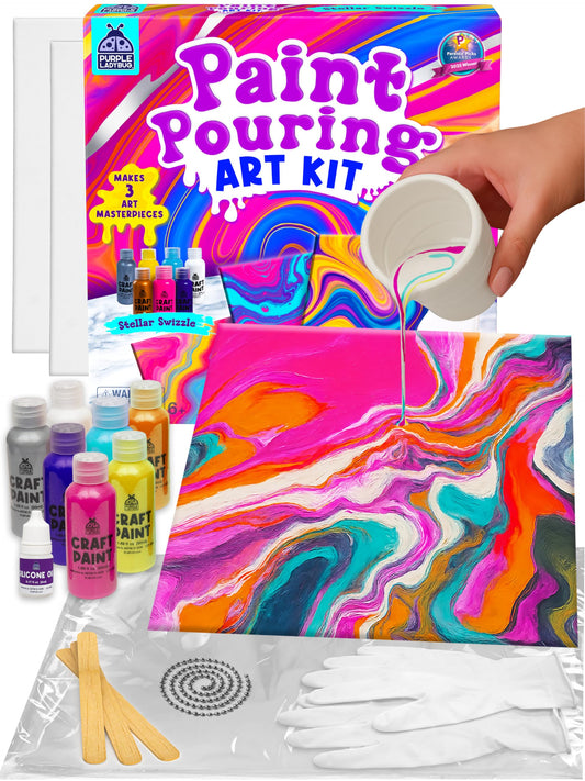 PURPLE LADYBUG Low-Mess Paint Pouring Art with Gloves & Table Cover - Washable & Non-Toxic Kids Painting Kit, Art and Crafts for Kids Ages 8-12, Birthday Gifts for 6+ Years Old, Crafts for Girls 8-12