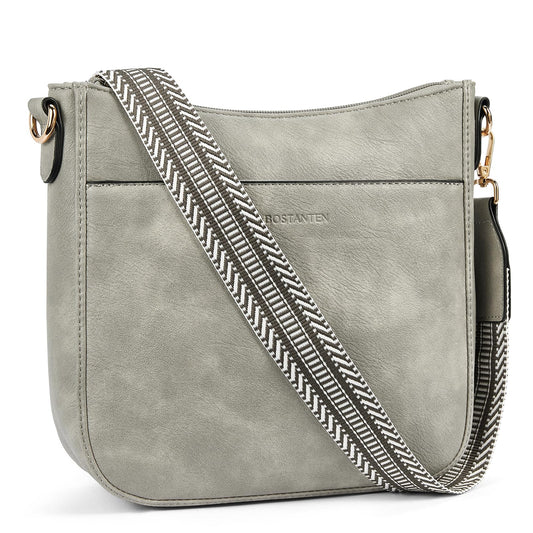 BOSTANTEN Crossbody Bags for Women Trendy Vegan Leather Hobo Purses Shoulder Handbags With Wide Shoulder Strap Sky Grey