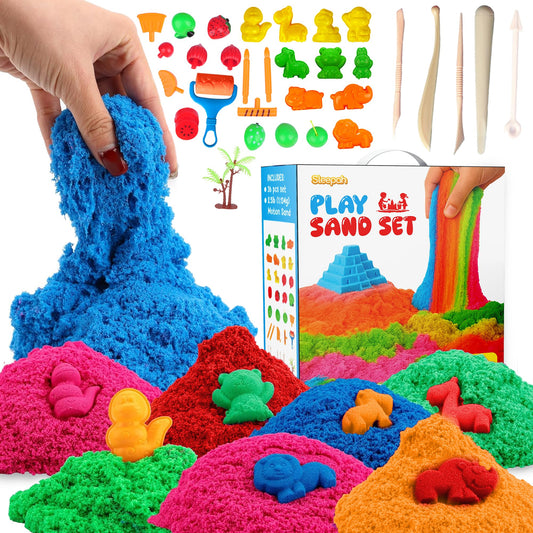Sleepah Play Sand Sensory Sand Set for Boys & Girls Age 3 4 5 6 7 8 No Mess Never Dries Out Toy Perfect for Shaping Squeezing Scooping Rolling Molding – 31p Set 5 Colors Large Arts & Crafts Set Gift