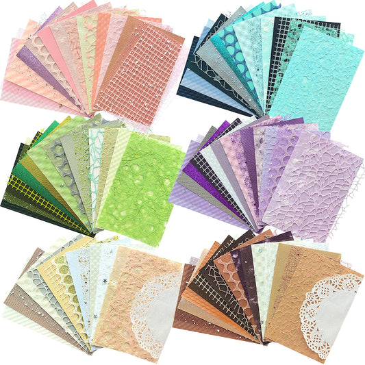 Flartmo 102 Unique Textured Scrapbook Papers and Mesh Fabric Sheets(17 Designs × 6 Colors), Handmade Craft paper for Scrapbooking, Junk Journal, Card Making Supplies, Planner, Collage (5.9" x 3.9")