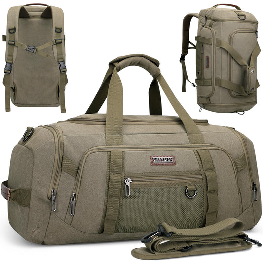 WITZMAN Canvas Duffel Bags for Men Traveling 3 in 1 Backpack Carry-on 40L Weekender Overnight Bag with Shoe Compartment(A8006/2 Army Green)