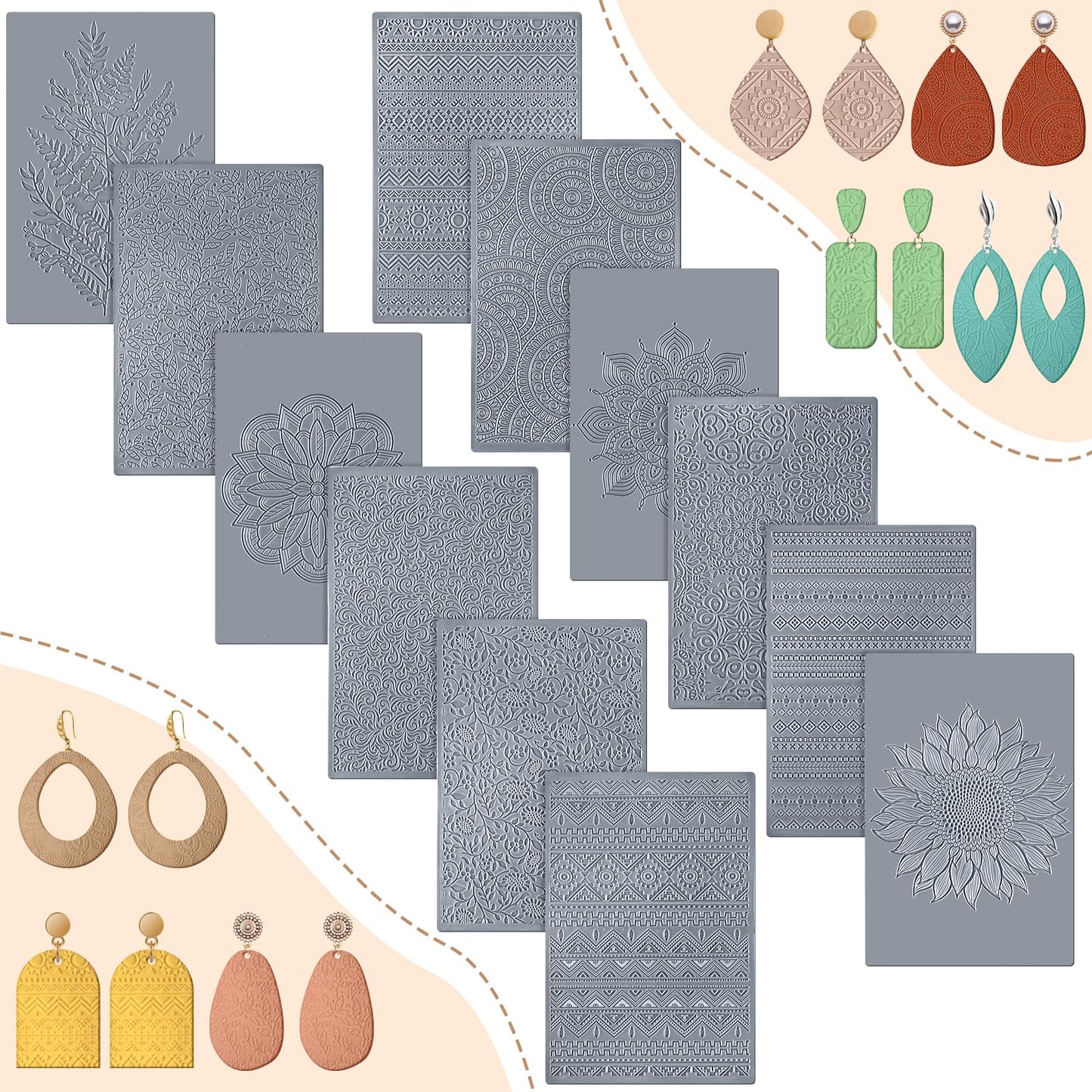 DoubleFill 12 Pcs Polymer Clay Texture Sheets Mat Works with Polymer Clay Cutter Embossin Roller DIY Tools for Pottery Earrings Jewelry Making DIY Craft Supply
