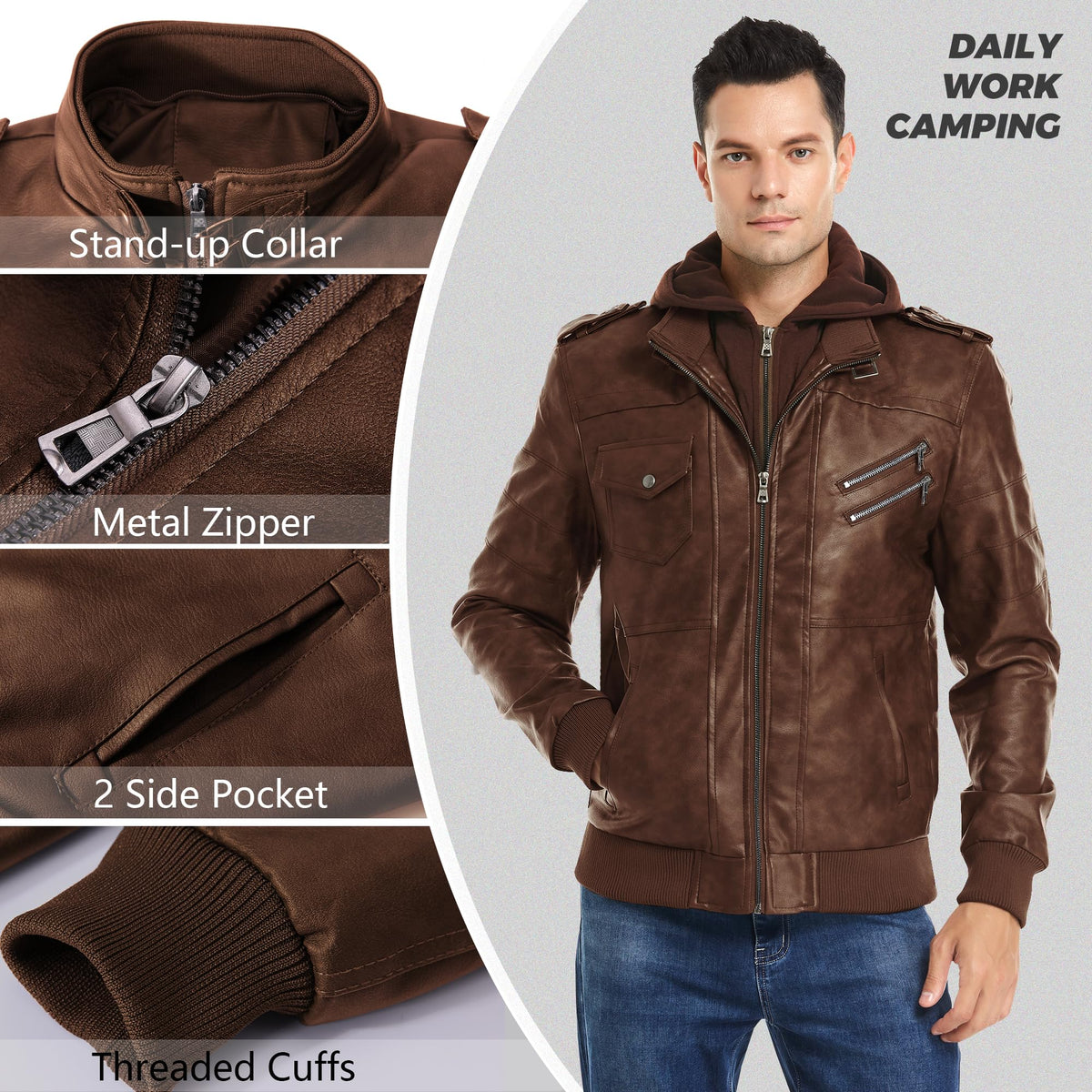 JYG Men's Faux Leather Jacket Stand Collar Motorcycle Bomber Jackets with Removable Hood (Brown,L)
