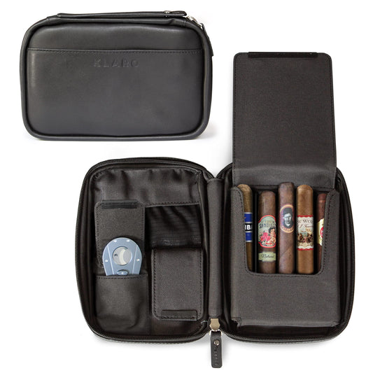 CASE ELEGANCE Klaro Travel Leather Cigar Case, 5 Cigar Storage, 2 Accessory Pockets, Humidification Pocket, Internal Hard-Shell Protection - Black