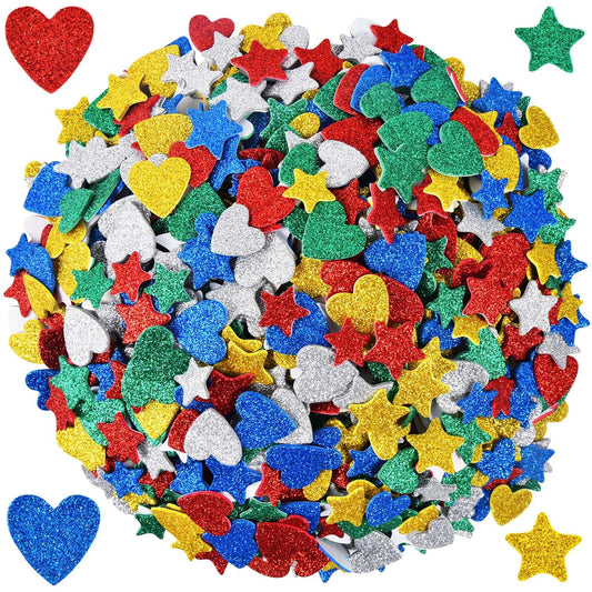 OBTANIM 1500 Pieces Small Colorful Foam Adhesive Stars Heart Shapes Glitter Stickers for Kids Home Classroom Arts Crafts Greeting Cards Scrapbooks Decoration