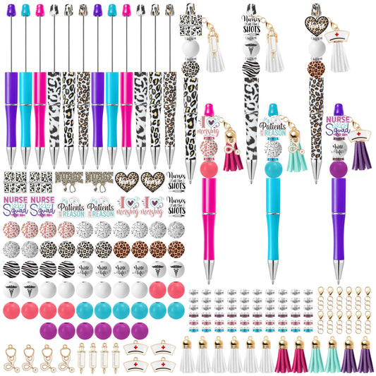 COcnny Nurse Beadable Pens for Women - 12 Set Nursing DIY Ballpoint Craft Making Kit with Bead Craft, Leopard Beaded Pen Bulk Charm Tassel Supplies for Nurse Week Hospital Appreciation Gift