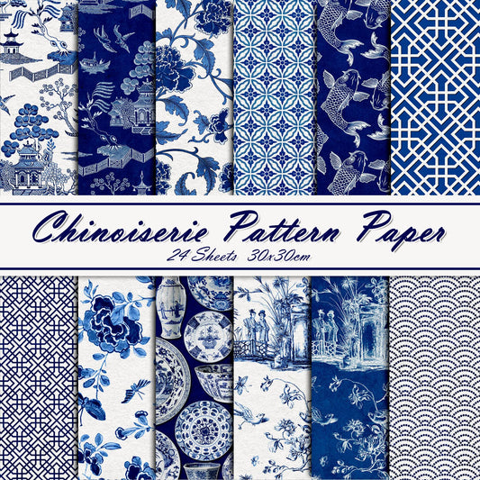 Whaline 24 Sheets Chinoiserie Pattern Paper 12 Design Blue China Scrapbook Specialty Double-Sided Collection Oriental Decorative Craft Paper for DIY Card Making Photo Album Journal Decor