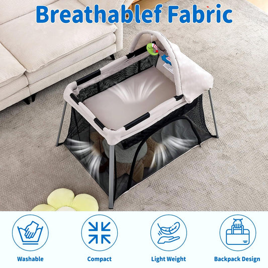 Portable Travel Crib for Baby & Toddler, Gentle Monster Lightweight 2 in 1 Baby Travel Pack and Play Bassinet with Mattress and Sunshade, Foldable Travel Crib Mini Playpen Playard for Indoor Outdoor