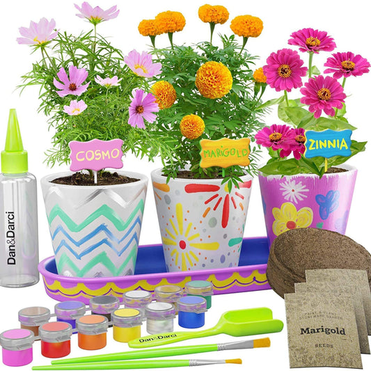 Dan&Darci Paint & Plant Flower Garden Kit for Kids — Stoneware Pots, Seeds & Paint Set — STEM Arts & Crafts Gift for Boys and Girls Ages 6–12