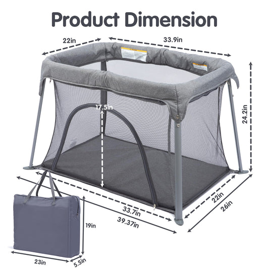 CAPAKIDDO Lightweight Travel Crib - Portable Baby Playard，Foldable Play Yard with Zipper Door, No Tools Setup, Compact for On-The-Go
