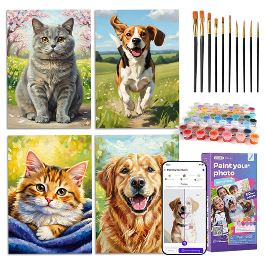 Caydo 4 Pack Custom Paint by Numbers Kit for Adults, Turn Your Photo into Paint Templates via App, A4 Canvases, 10 Brushes & 60 Colors, Relaxing Crafts Gift for Dog Lovers to Create Home Wall Art