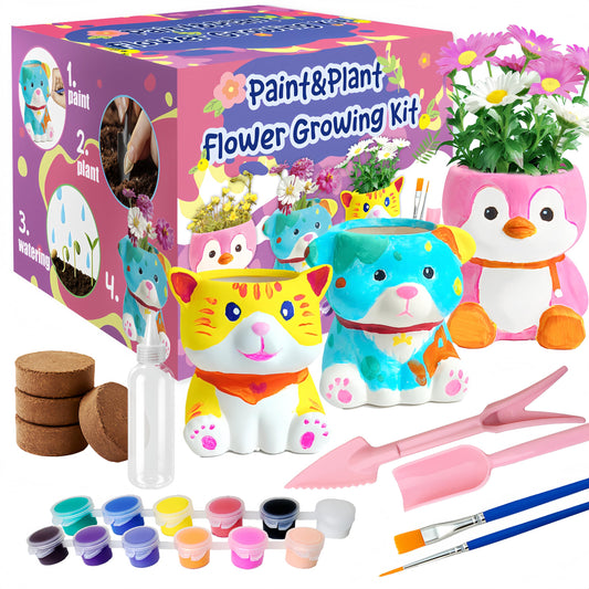 yasest Paint & Plant Flower Growing Kit for Kids - 4 Set DIY Animal Pattern Ceramic Painting Kit, Kids Gardening Set, Arts & Crafts for Ages 8-12, Birthday Gifts for 5 6 7 8 9 10 11 12 Year Old Girl
