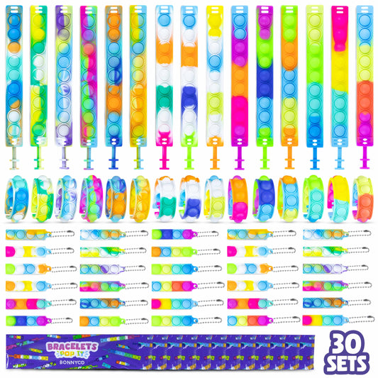 BONNYCO Pop It Bracelets and Keychains Pack 30 Kids Party Favors. Goodie Bags Stuffers for Kids, Fidget Toys Pop Its Bulk. Return Gifts for Birthday Party, Goody Bag Stuffers, Pinata, Classroom Prizes