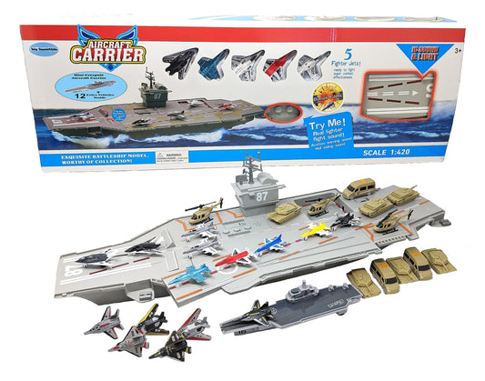 Large Aircraft Carrier Toy Small Catapult Aircraft Carrier Combo with Fighter Jets and 12 Military Vehicles