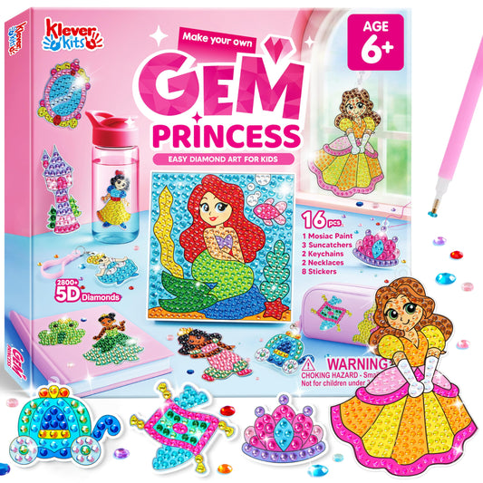Klever Kits 16 Projects Gem Princess for Kids, Make Your Own Diamond Gem Painting Kit, Arts and Crafts for Girls Ages 6-12, Gem Craft Activities Kits, Premium Art Gift Ideas for Girls Ages 6, 7, 8+