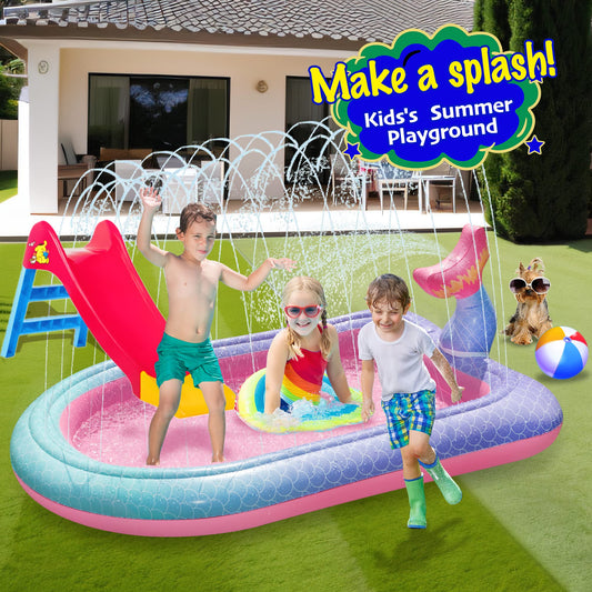 Ancesfun 65" Mermaid Splash Pad & Sprinkler for Kids, Large Outdoor Water Play Mat Summer Inflatable Wading Pool, Fun Sprinkler Water Toys for Toddlers Babies Boys Girls Age 3+ -Pink