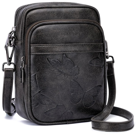 BELTANA Small Crossbody Bags for Women, Butterfly Vegan Leather Cell Phone Bag Trendy Wallet Purse with RFID Card Slots (Black Grey-Silver)