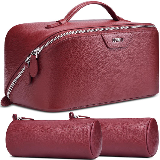 BOYATU Genuine Leather Travel Makeup Bag: Large Capacity 3 Pcs Set Cosmetic Bags for Women - Designer Waterproof Hand-made for Toiletry Organizer - Ladies Travel Essentials for Elegance (06Burgundy)