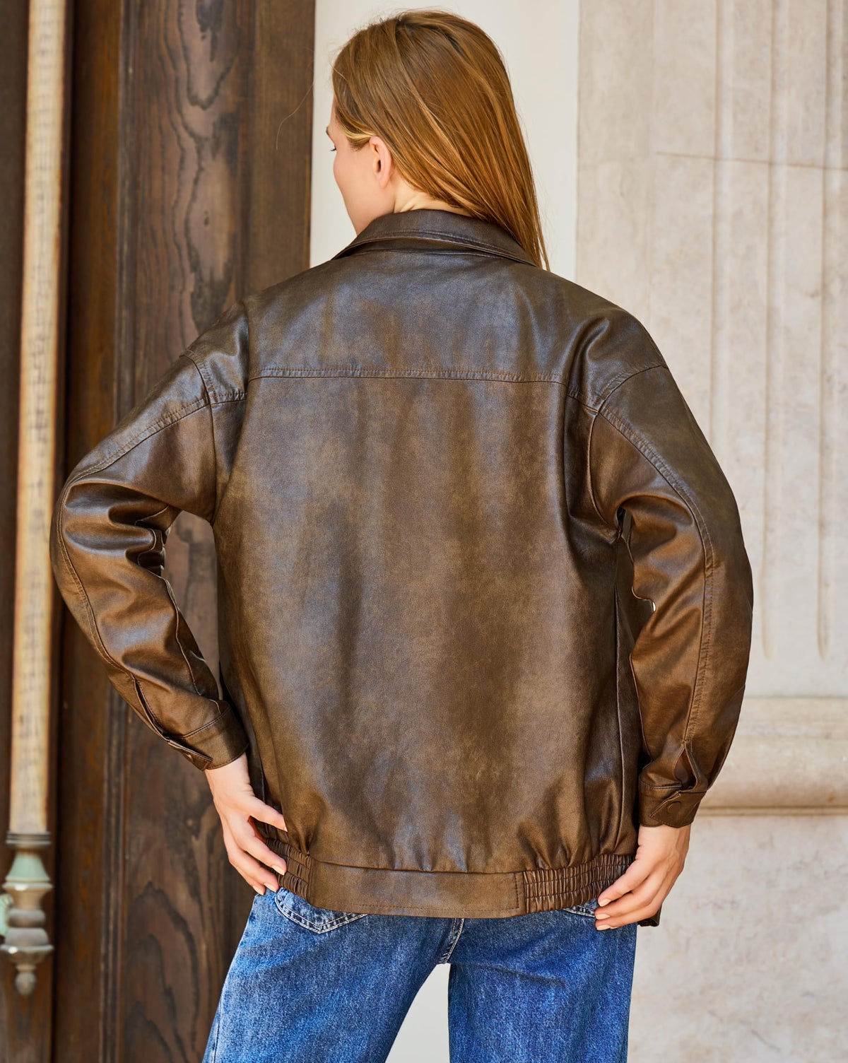 Bello vita Women's Oversized Faux Leather Bomber Jacket, Zip Up Motorcycle Street Coat