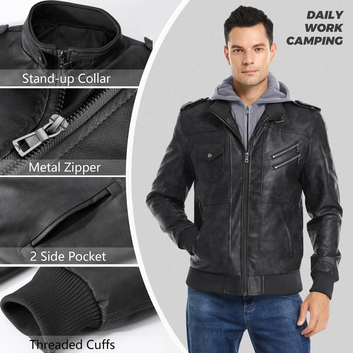 JYG Men's Faux Leather Jacket Stand Collar Motorcycle Bomber Jackets with Removable Hood (Black,S)