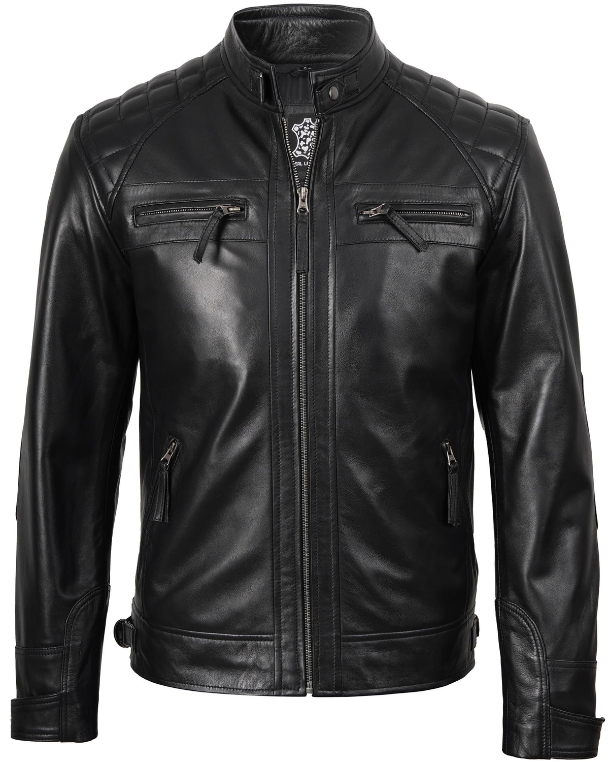 fjackets Real Lambskin Leather Biker Jacket — Quilted Cafe Racer Zip Up Moto Jacket Men Tall | [1118795] Johnson Black, XL