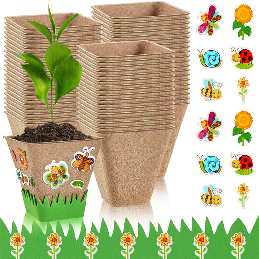 Gueevin 100 Pack Garden Paper Pot Craft Kit Flower Plant Spring Craft Including Peat Plant Pots Adhesive Foam Stickers Pot Stickers EVA Grass for Adults DIY Flower Planting Growing, Square