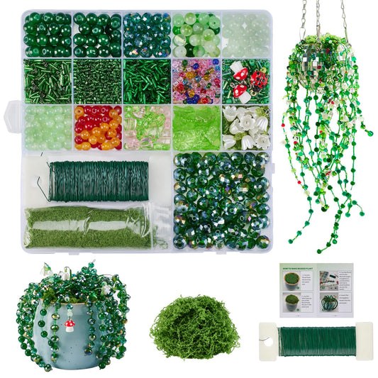 Green Glass Beaded Plant Kit, Forever Plant Beaded Leaf Flower Beads for Succulent Plant Jewelry Making and DIY Crafts
