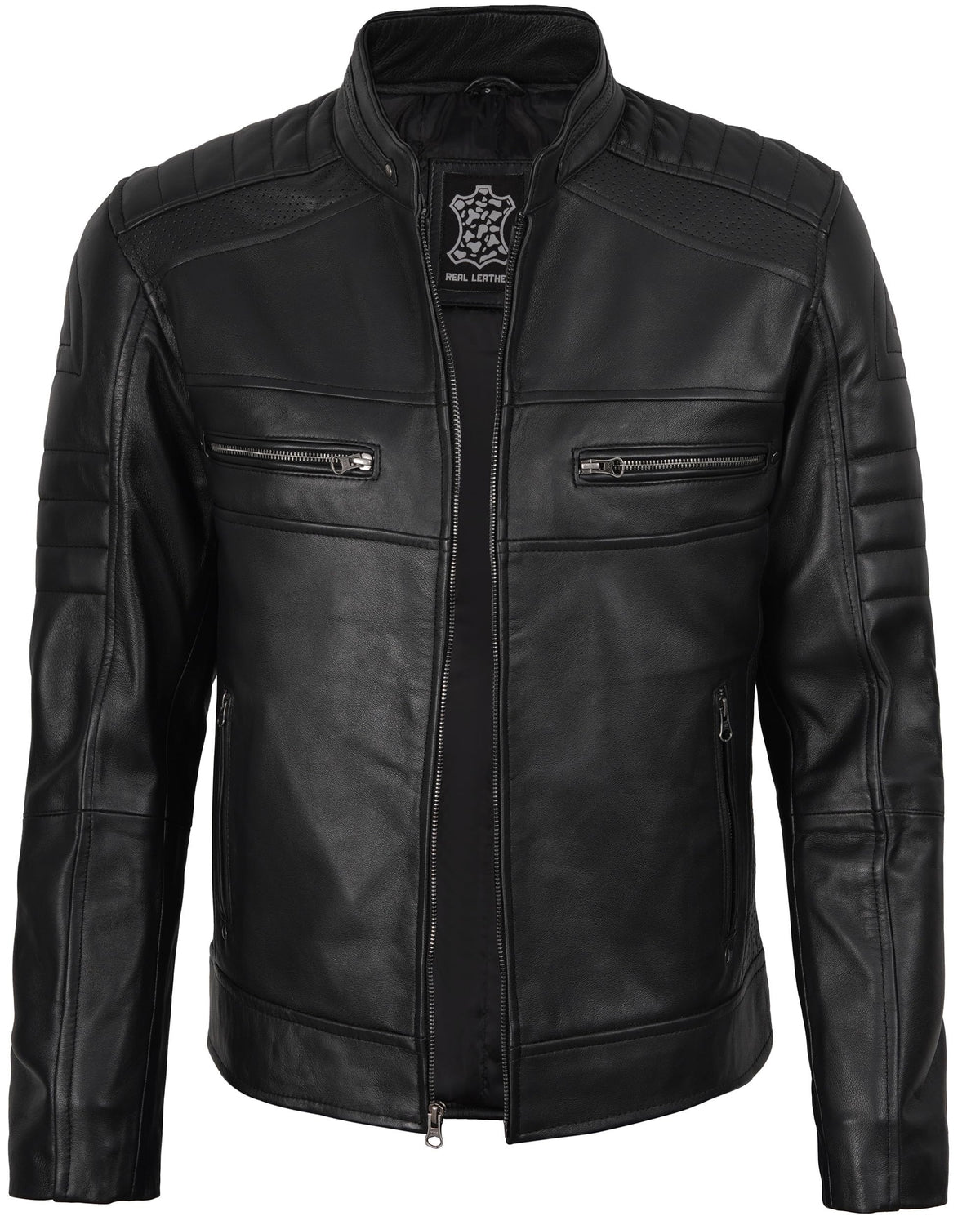 fjackets Cafe Racer Leather Jacket Men - Real Lambskin Natural Grain Austin Black Leather Jacket | [1100072] S