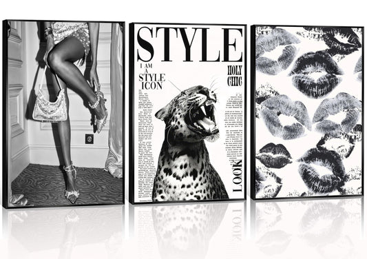 3Pcs Trendy Black and White Leopard Canvas Wall Art Vintage Newspeper Cheetah Wall Decor Fashion Girl Poster Heels Lips Picture Luxury Feminist Painting Print Artwork for Apartment Dorm,Unframed