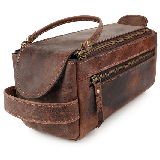 LushLuxeoria Premium Handmade Leather Toiletry Bags for Men and Women, Genuine Leather Dopp Kit and Shaving Bag for Men, Travel Cosmetic Bag for Women's and Men's, Zipper Pocket, Chocolate