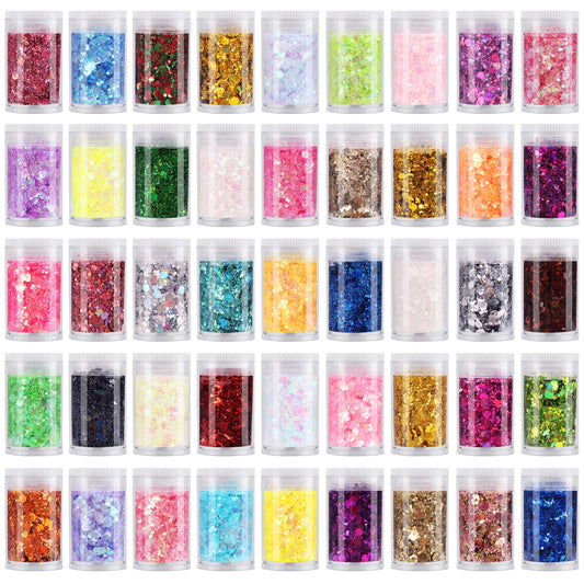 Chunky Fine Mixed Glitter,Set of 45 Colors,Holographic Glitter for Epoxy Resin DIY Craft,Nail Art,Face Eye Hair Make up,Iridescent Flake Chunky Sequin for Slime Jewelry Tumbler Making