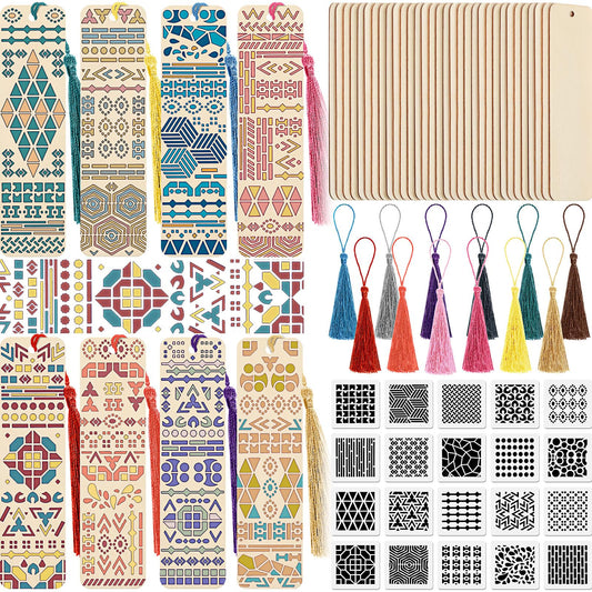 TaoBary 92 Pcs Wood Bookmark Making Kit Includes 36 Unfinished Blank Bookmarks 36 Tassels 20 Templates Craft for DIY Crafts, Painting, Valentine's Day, Mother's Day Gift(Geometry, 4.8 x 1.3 Inch)