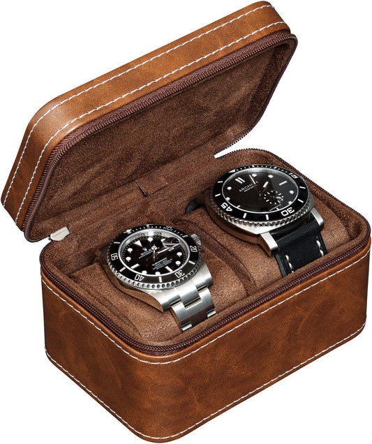 ROTHWELL 2 Watch Travel Case for Men | Compact PU Leather Protective Box with Microsuede Interior | Fits Watches & Smartwatches Up to 55mm (Tan/Brown)