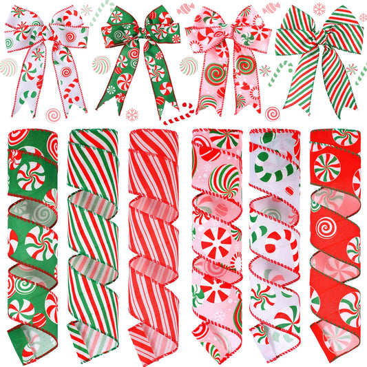 Yingzhao 6 Rolls 30 Yards Christmas Candy Peppermint Wired Edge Ribbon Burlap Red Green Candy Cane Fabric Craft Ribbon for Christmas Tree Decoration Gift Wrapping Wreaths