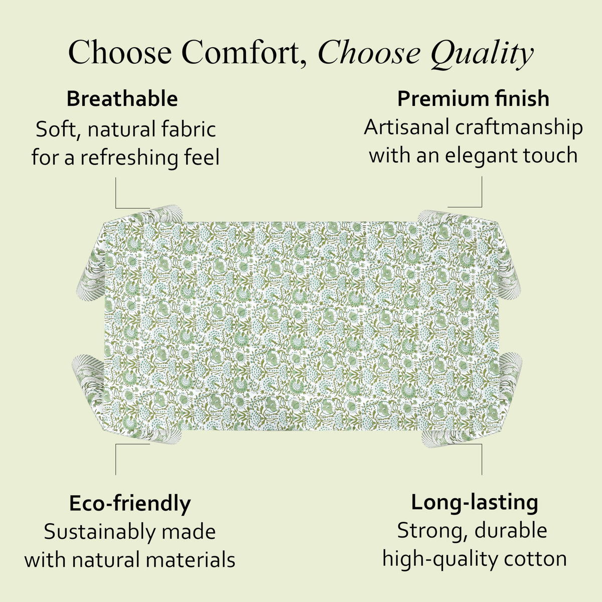 CPC Tablecloth 100% Cotton 60x90 Inch Indian Block Print Rectangle Table Cover, Washable Table Cloth for Weddings, Spring/Summer, Barbeque - Agate Green