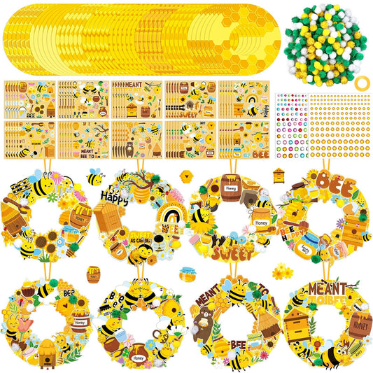 Hollowfly 48 Sets Bee Wreath Crafts Kits DIY Honey Bee Wreath Hanging Ornaments Make Your Own Paper Honeybee Craft with Sunflower Honey Flower Stickers for Summer Home Party Favors Activities