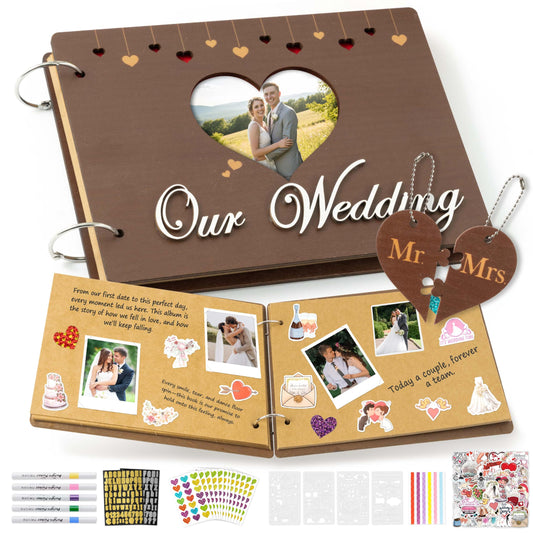 CY2SIDE Our Wedding Scrapbook Album - 111PCS DIY Wooden Memory Photo Book Craft Kit with Stickers Markers Stencils Photo Corner Mr & Mrs Ornament, Picture Journal Gift for Bridal Wedding Anniversary