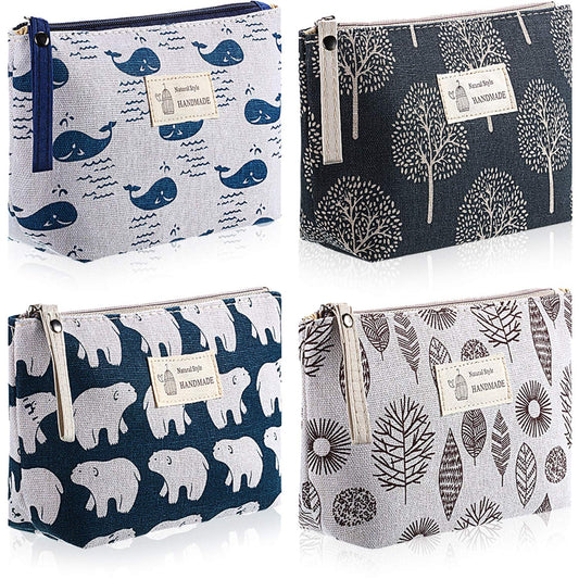 Boao 4 Pieces Canvas Makeup Bags Set Small Cosmetic Pouches for Purse with Zipper Multi Functional Toiletry Travel Case Organizer for Women Gift, 4 Styles(Small,Whale, Bear, Tree, Leave)