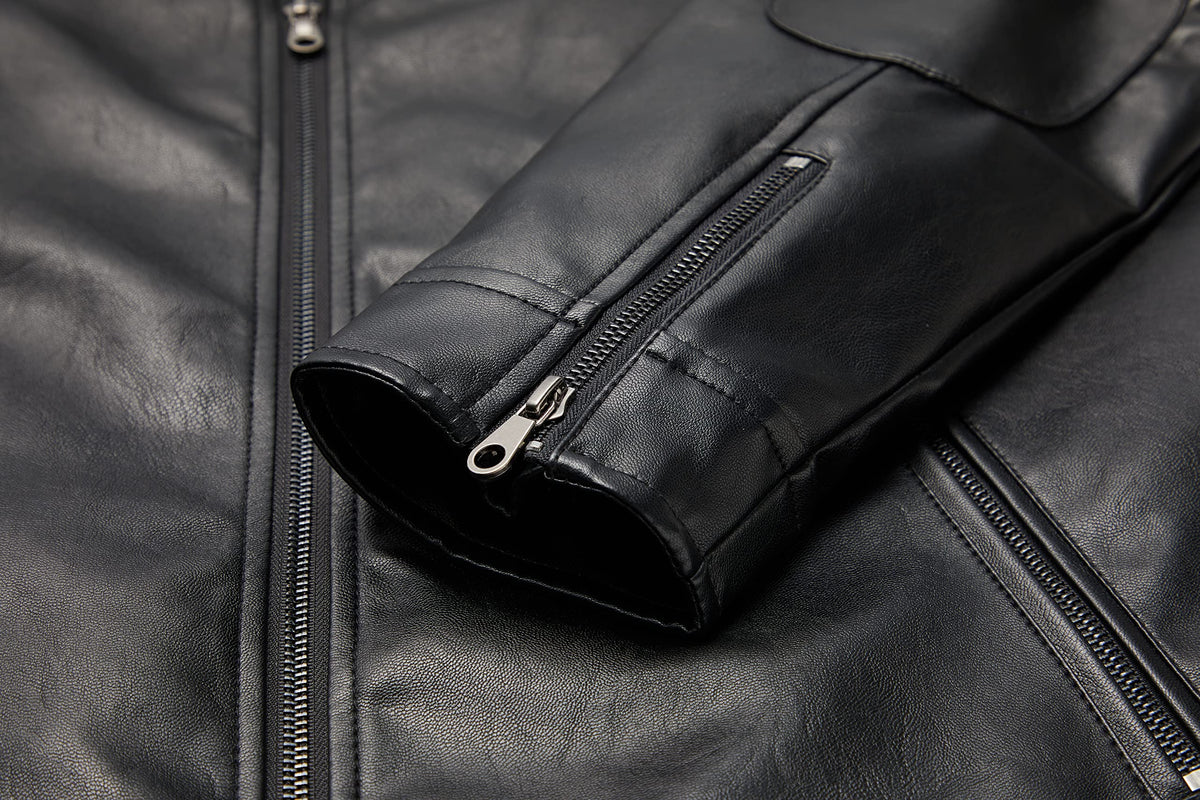 WULFUL Men's Stand Collar Leather Jacket Motorcycle Lightweight Faux Leather Outwear