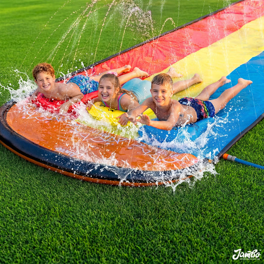 JAMBO Premium Triple Water Slide with 3 Bodyboards, 20Ft Heavy Duty Slip Splash and Slides-Advanced 3-Way Sprinkler System, Splash Pad Mat Backyard Summer Outdoor Water Toys n Long Slides for Kids