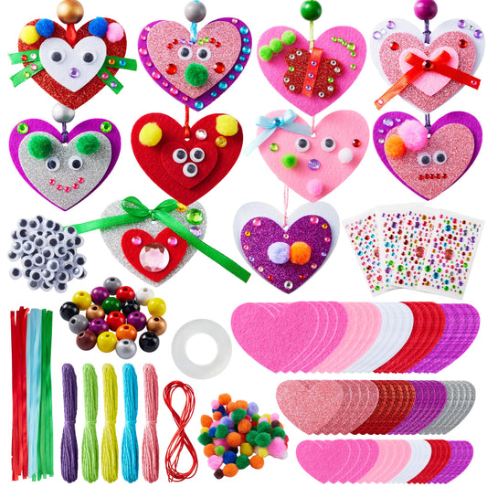 JOYIN Valentines Day 264 Pcs DIY Heart Felt Craft Set, Felt & Glitter Hearts & Wooden Beads & Plastic Eyes & Colorful Paper Ropes for Valentine's Day Kids Craft Party Classroom Ornaments Decorations